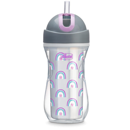 Clear water bottle with rainbow pattern and gray lid on a white background