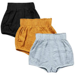 LOOLY Unisex Baby Girls Boys 3 Pack Cotton Linen Blend Bloomer Shorts (66 (3-6Month), Black, Yellow, Blue)