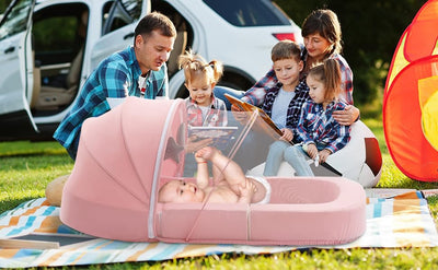 DAOLUAN Baby Travel Bassinet Bed & Chair, Fold Out Sofa Couch Lounger with 2-1 Mosquito & Canopy, Foldable Portable Travel Cot with Foam Raised Safety Bumpers for Infant Toddlers (Pink)