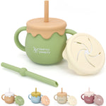 teensy peepsy Honey Pot 2-in-1 Silicone Training Cup 8.5oz, Baby Sippy Cup with Straw & Snack Cup for 6 months+ Straw Cup for Baby Boy Gift, Toddler Smoothie Cup (Forest Green)