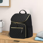 LORADI Large Capacity Diaper Bag with Stroller Buckle, Water-Resistant Travel Backpack with Insulated Pockets (Nylon, Black-Gold)