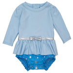 RuffleButts Baby Girls UPF50+ Princess Long Sleeve Bow Skirted One Piece Swimsuit - Crystal Blue Princess, 12-18m