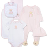 Little Me Baby Layette Gift Set - Footie and Cap, Onesie, 3-Piece Bib And Burp Set, Swaddling Blanket, Baby Shower Gifts - Pink Bear, 6 Months