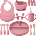 Silicone Baby Feeding Set 14 Pcs,Baby Led Weaning Supplies, Baby Spoons Suction Bowl Divided Plate Bib Cup Finger Brush,First Stage Solid Food Eating Utensils - 6+ Months(Deep Red)