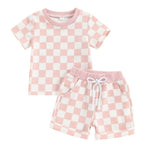 FOCUSNORM Toddler Baby Girl Outfit Newborn Girl Summer Clothes Short Sleeve T Shirt Checkerboard Top Set Elastic Waist Shorts (Checkerboard Pink, 12-18 Months)