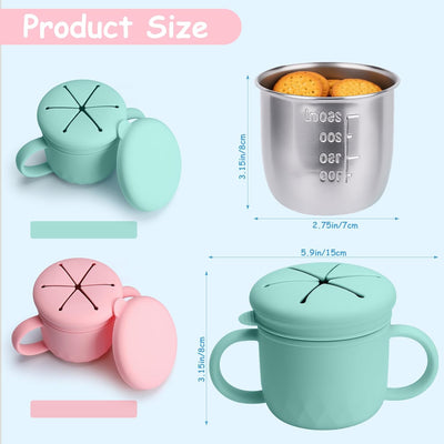 Snack Cups for Toddlers Spill Proof, Stainless Steel Snack Containers for Kids, Reusable Toddler Snack Containers with Lid & Handle, Baby Snack Cups, Dishwasher Safe 2 Pack