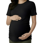 Motherhood Maternity Women's Short Sleeve Crew Neck Side Ruching Pregnancy Tee Shirt, Black, Small