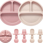 Silicone Feeding Set, 2 Pack Divided Toddler Plates with Suction, 2 Pack Utensils - Spoons & Forks, BPA Free, Baby Led Weaning Supplies
