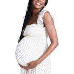 Motherhood Maternity Sleeveless Ruffle Shoulder Smocked Maxi Pregnancy Dress, White Clip Dot, Small