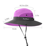 2 Pieces 5-14Y Kids Summer Sun Hat Wide Brim UV Protection for Girls Ponytail Beach Bucket Cap (Purple＆Sky Blue)