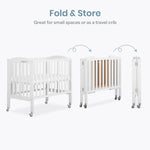 Dream On Me 2-in-1 Folding Portable Compact Mini Baby Crib in White, GreenGuard Gold & BSA, US Patented Flat Folding System, Locking Wheels,1″ Mattress Pad, Space-Saving Quck Fold Easy Storage
