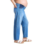 Motherhood Maternity Women's Under The Belly Elastic Waist Relaxed Barrel Leg Denim Pregnancy Jeans, Medium Wash, Large