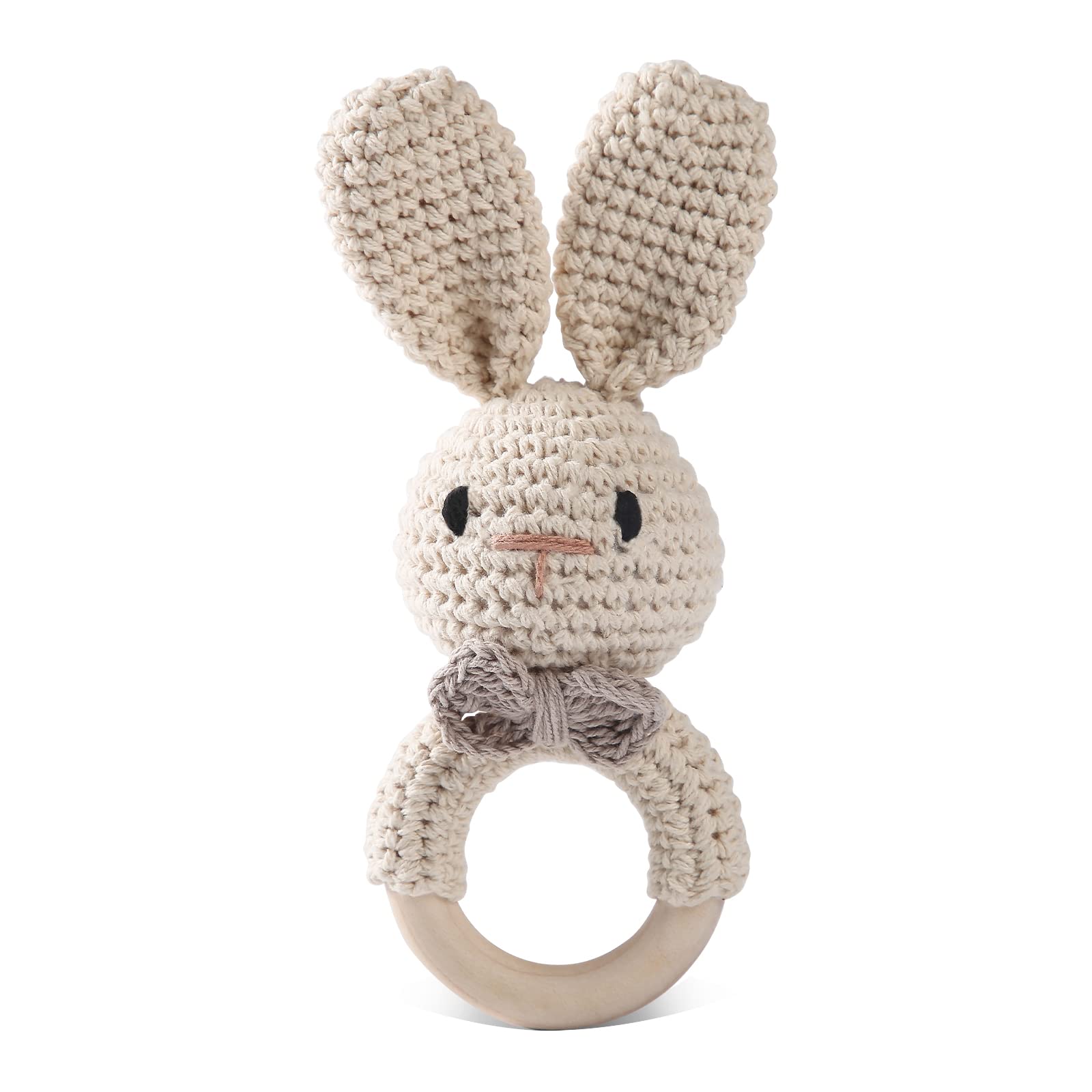 Handmade Crochet Easter Bunny Wooden Baby Rattle Toy for 0-6 Months - Organic Stuffed Animal for Newborn