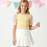 PATPAT Girls Puff Sleeve Top Size 4-5 Ribbed Short Sleeve Yellow Lace Blouse Toddler Dress Shirt Cute Clothes Birthday Girl Shirt Summer Tops