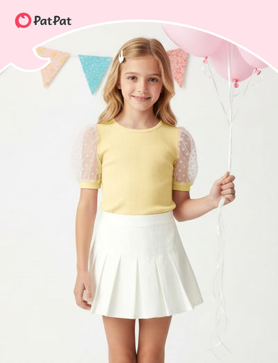 PATPAT Girls Puff Sleeve Top Size 4-5 Ribbed Short Sleeve Yellow Lace Blouse Toddler Dress Shirt Cute Clothes Birthday Girl Shirt Summer Tops