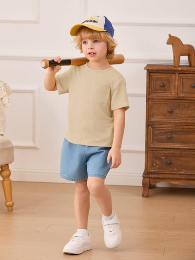 Haloumoning Toddler Baby Boys Short Sleeve T Shirts Kids Summer Basic Crewneck Tops Tees with Pocket 9M-8Y Apricot