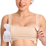 MOMANDA Hands Free Pumping Bra for Breastfeeding Wireless Sports Pumping and Nursing Bra in One with Wide Velcro Straps Beige Large