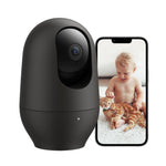 Black security camera with a smartphone displaying a child and cat on a white background