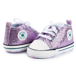 KKIIDDSS Unisex Baby Girls Boys Canvas High-top Shoes, Newborn Infant Anti-Slip Soft Sole Frist Walking Sneakers (B01/Sequin Purple, 6-12 Months)