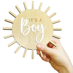 Double Sided Sun Gender Reveal Sign, Boho Sun Baby Boy or Girl Pregnancy Birth Announcement Wooden Sign, It's A Boy Girl Photo Prop, New Mom Gift, Sun Baby Shower Hospital Nursery Sign
