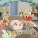 Bright Starts Disney Baby Winnie The Pooh Baby Bouncer Soothing Vibrations Deluxe Infant Seat - Faux Suede, Music, Removable -Toy Bar, 0-6 Months 6-20 lbs (Dots & Hunny Pots)