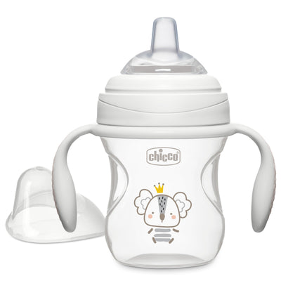 Baby bottle with handles and a cartoon character on a white background