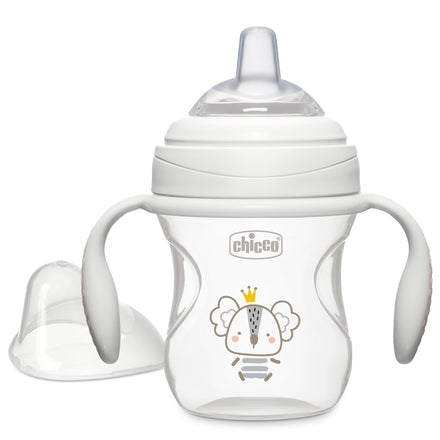 Baby bottle with handles and a cartoon character on a white background