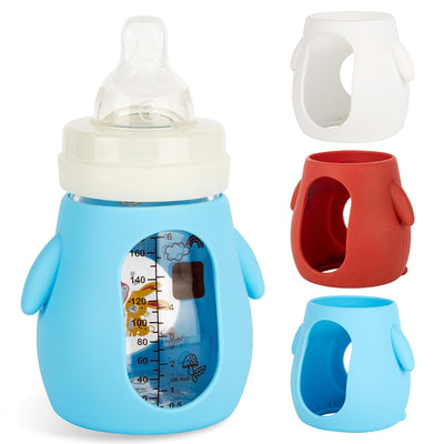 Baby bottle with blue holder, white cap, and additional red and blue holders on a white background