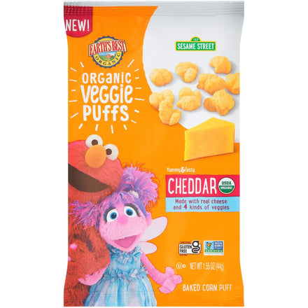 Packaging of Earth's Best Organic Veggie Puffs with Sesame Street characters on a white background