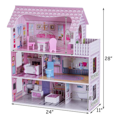 Costzon Wooden Dollhouse for Kids, 3-Story Semi-Open Doll House with 5 Rooms & 8 Pieces Furniture Accessories, Balcony, Preschool DIY Pretend Play Dollhouse Toy, Gift for Girls & Boys Ages 3+