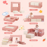 MOOZHEALTH Toddler Foam Climbing Blocks|Modular Kids Soft Play Couch Sofa with 2 Ottomans Indoor,Baby Crawling & Sliding Foldable Soft Play Set with Stair,Beige & Pink