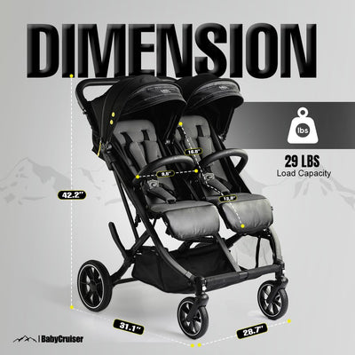BabyCruiser Double Stroller Newborn and Toddler, Swivel Wheels, One Hand Folding, Compact Size, Lightweight Twin Stroller from Birth up to 48.5 lbs per seat