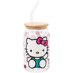 Silver Buffalo Sanrio Hello Kitty Strawberry Milk Bow Pink Polka Dot Glass Jar Tumbler with Bamboo Lid and Glass Straw, 16 Ounces