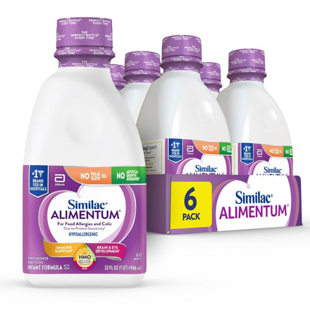 Similac Alimentum infant formula bottles and packaging on a white background