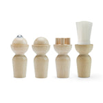 Set of five wooden salt and pepper shakers on a white background