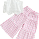 Toddler Baby Girl Outfit Summer Sleeveless Lace Hollow Out Crop Tank Tops Plaid Wide Leg Pants Set 2PCS Clothes