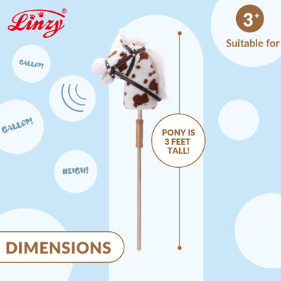 Linzy Toys 35.5" Plush Stick Horse - Funny Hobby Horse with Pony Sound, Soft Realistic Mane & Durable Leather Reins, Pretend Play Riding Toy for Boys & Girls Ages 3+ (Spotted)