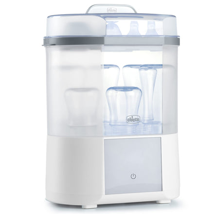 White and clear baby bottle sterilizer with two bottles inside on a white background