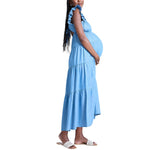 Motherhood Maternity Women's V-Neck Babydoll Ruffle Sleeve Tie-Back Maternity Maxi Pregnancy Dress, Chambray, Small