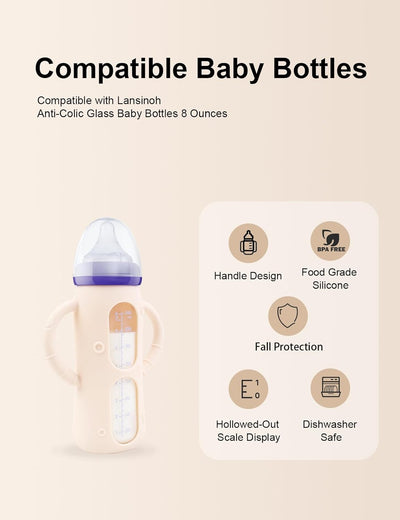 ZCH 4-Pack Silicone Sleeves for Lansinoh Glass Bottles, BPA-Free Drop-Resistant Baby Bottle Sleeves with Handles, Compatible with Lansinoh Anti-Colic Glass Baby Bottles (8 oz)