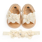 Infant Baby Girl Sandals Summer Floral Princess Mary Jane Wedding Dress Shoes with Floral Headband for Infant, Newborn, Toddlers