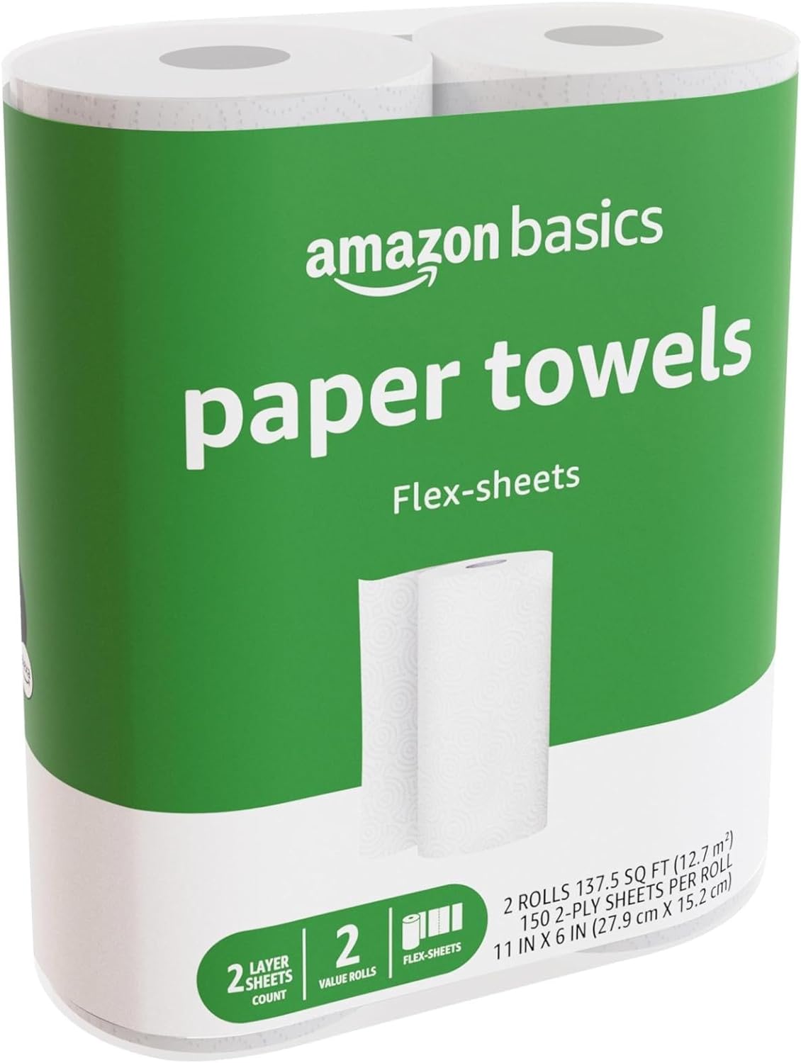 Amazon Basics 2-Ply Flex-Sheets Paper Towels, 2 Basics Rolls = 5 Regular Rolls, Everyday Value with 150 Sheets per Roll