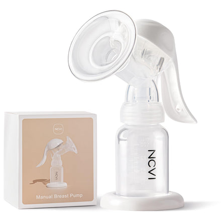 Manual breast pump with packaging on a white background