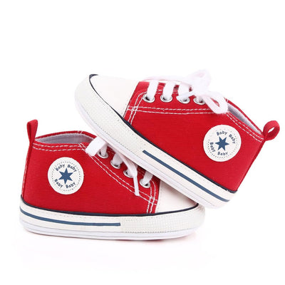 KKIIDDSS Unisex Baby Girls Boys Canvas High-top Shoes, Newborn Infant Anti-Slip Soft Sole Frist Walking Sneakers (A01/Red Rubber Sole,6-12 Months)