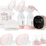 Breast pump set with storage bags and bottles on a white background