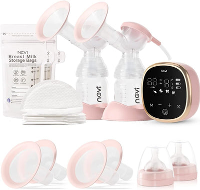 Breast pump set with storage bags and bottles on a white background