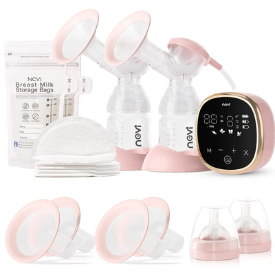 Breast pump set with storage bags and bottles on a white background