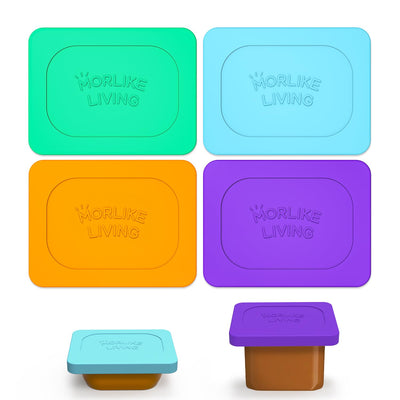 Set of colorful silicone lids with 'Morlike Living' branding on a white background.