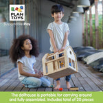 PlanToys Slide and Go Dollhouse - Chemical-Free Wooden Toy Featuring 3 Units with 20 Furniture Pieces