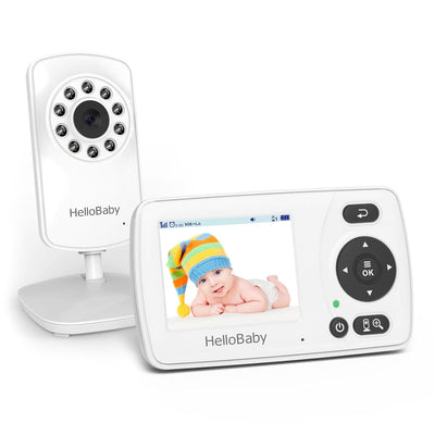 HelloBaby baby monitor with screen displaying a baby and camera on a white background